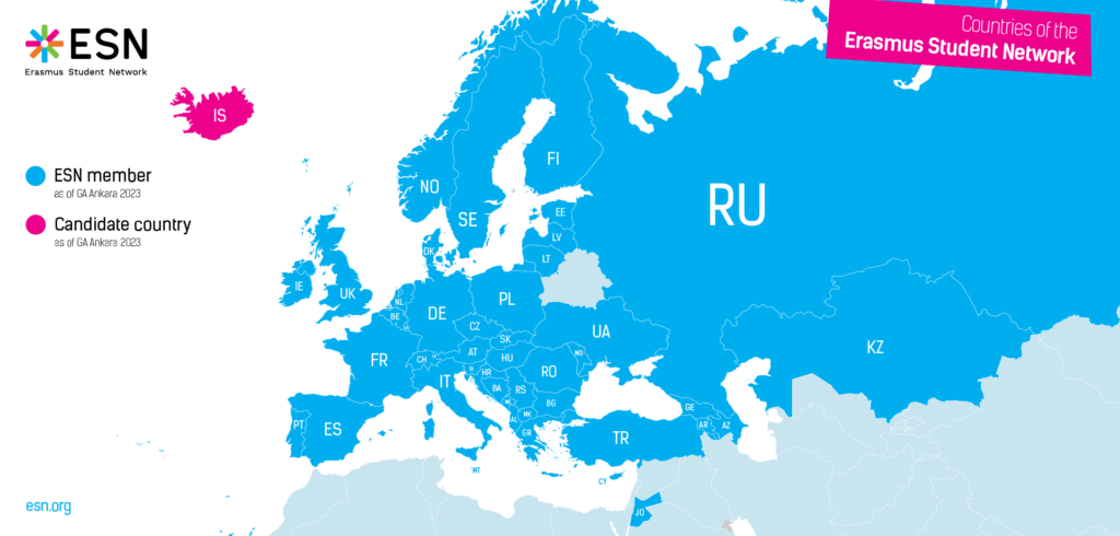 A map showing the 45 countries with ESN sections and one candidate country: Iceland.
